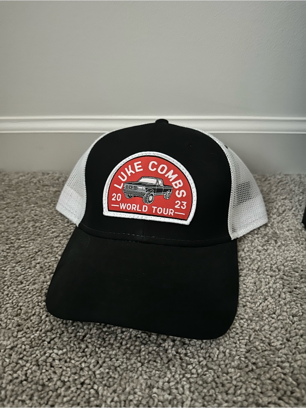 Luke Combs 2023 World Tour Mesh Trucker Hat - Black & White with Red Patch